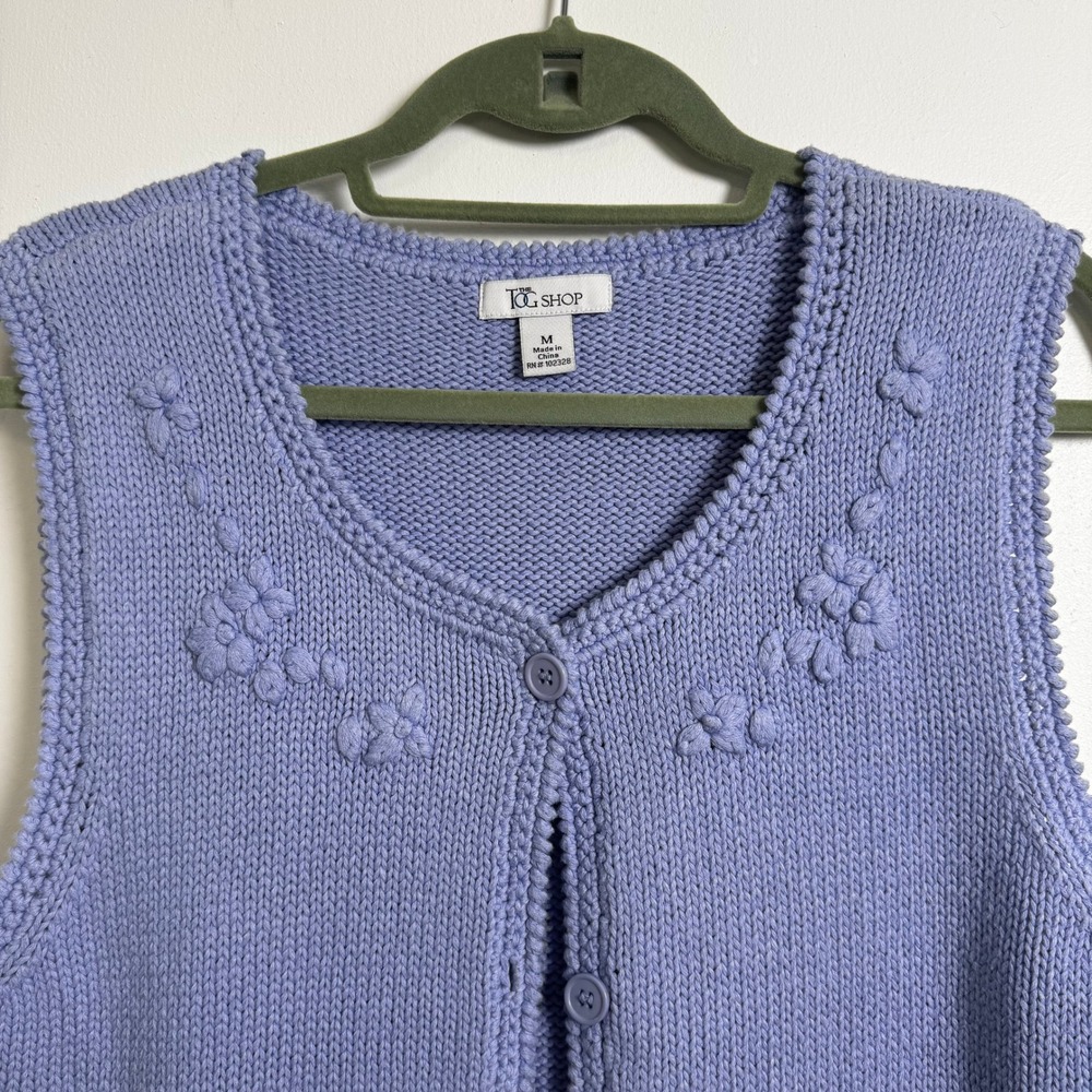 The Tog Shop Sweater Vest M Periwinkle Blue Floral‎ Embroidered Button Front - Picture 6 of 8